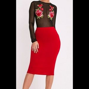PrettyLittleThing Red Cotton Stretch Midi Skirt